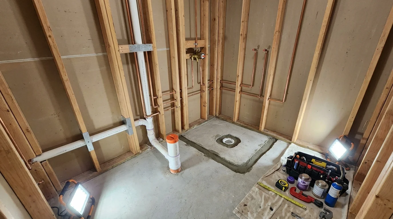 Bathroom rough-in plumbing during remodel by Johns Plumbing LLC in Elk Grove Village