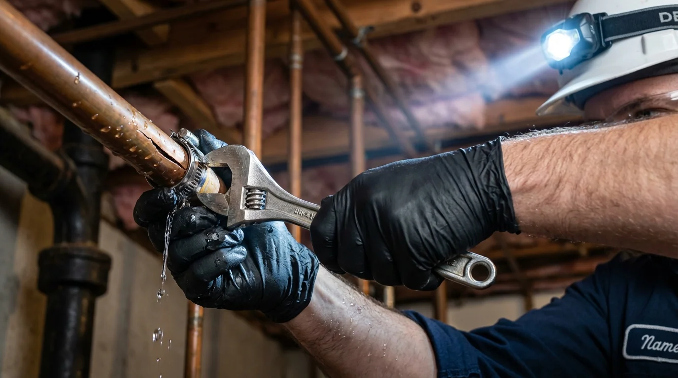Emergency pipe clamp repair being performed by a Johns Plumbing LLC plumber in Elk Grove Village