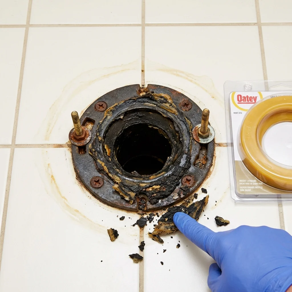 Failed wax ring showing water seepage at the base of a toilet in a Elk Grove Village, IL home