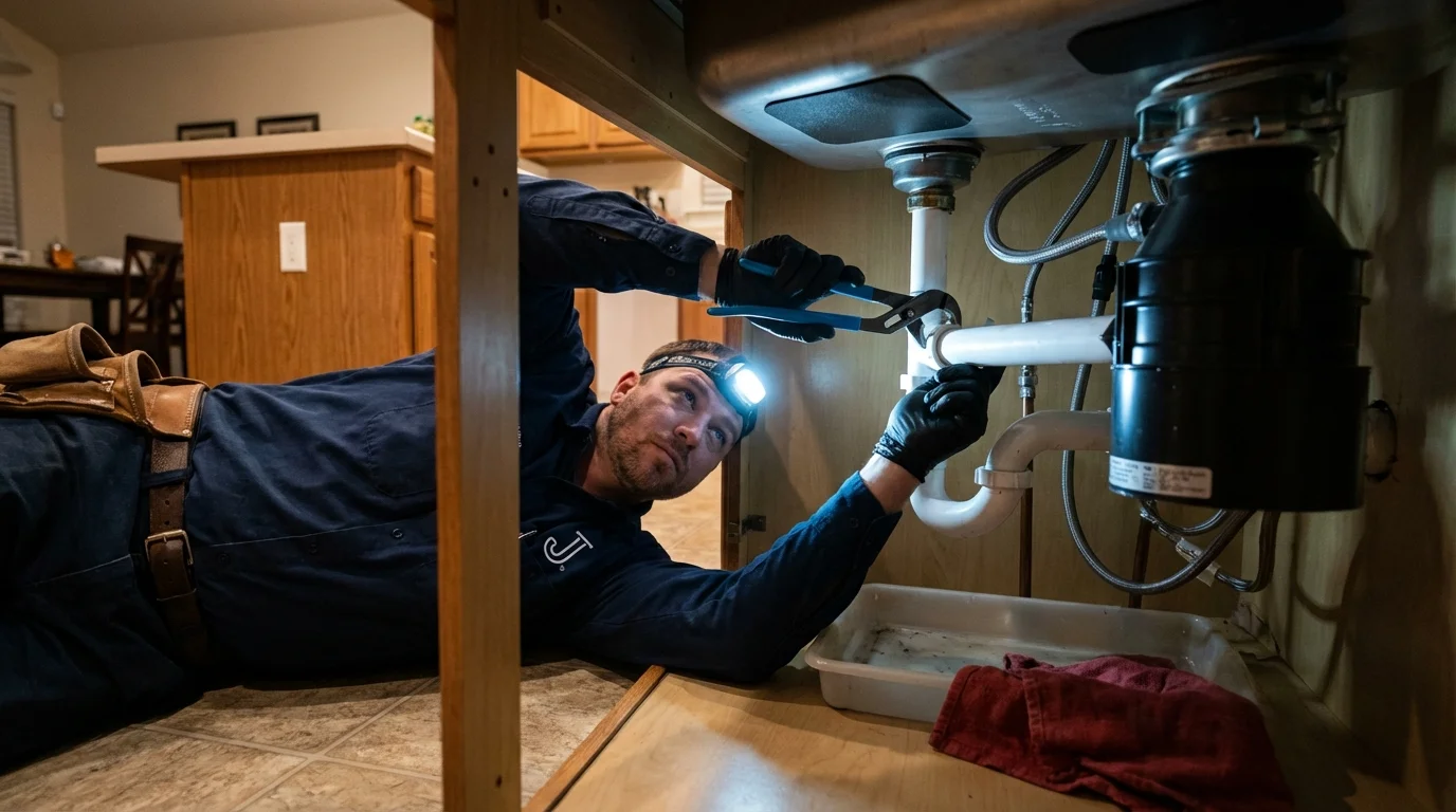 P-trap and supply line connections under a kitchen sink showing a common leak point in Elk Grove Village, IL